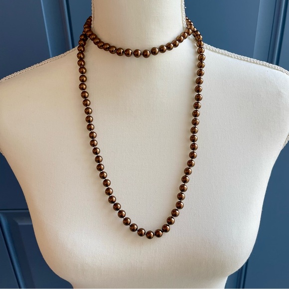 Vintage Opera Length  Knotted Rich Chocolate Brown Glass Pearl 40" Long Necklace - Picture 12 of 14